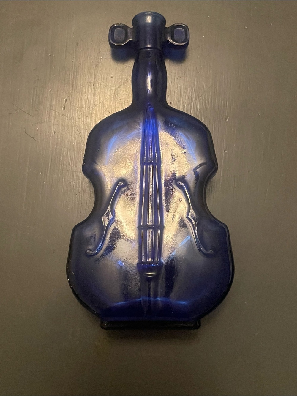 Vintage Cobalt Blue Glass Violin Fiddle Shaped Bottle Vase 8" Cello Decanter